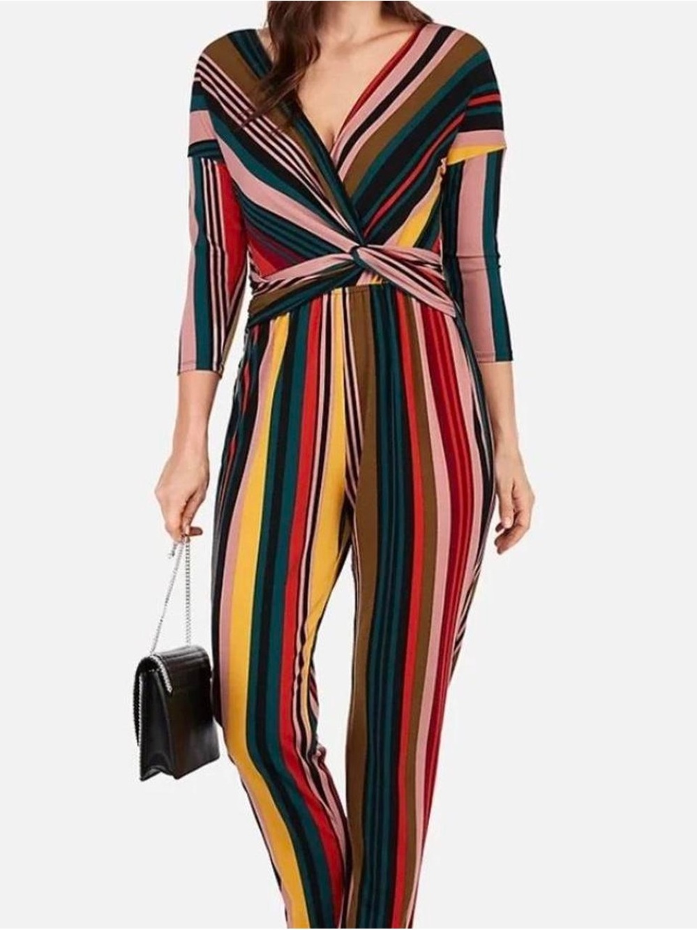 Express Multicolor Vertical Stripe Wrap Jumpsuit